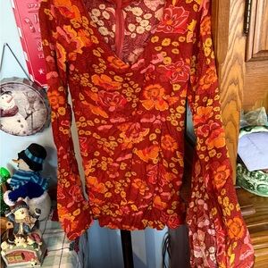 Cider Red and Orange Floral Bell Sleeve Blouse